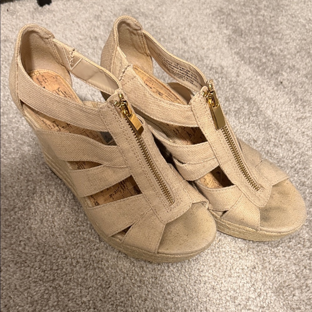 Merona Beige Wedge Sandals with Gold Zipper
